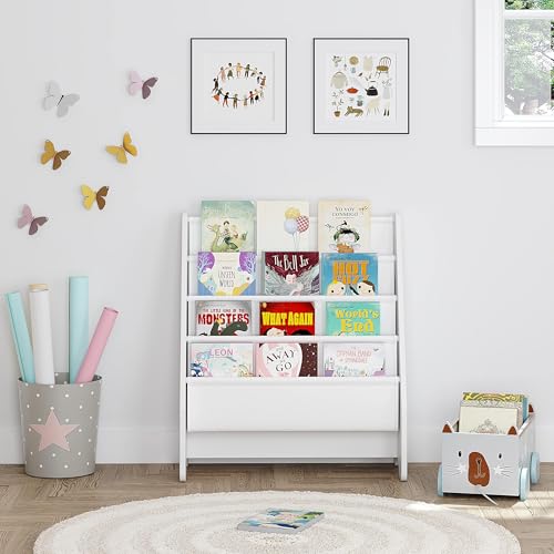 4-Tier Kids Bookshelf with Cotton Slings - Front-Facing Toddler Book Rack
