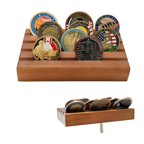4-Row Solid Wood Challenge Coin Display Stand - Walnut Finish