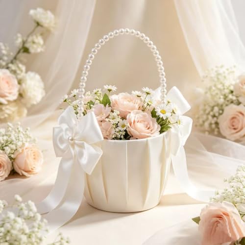 Ivory Flower Girl Baskets with Pearl Handles, Set of 2 for Wedding Ceremony