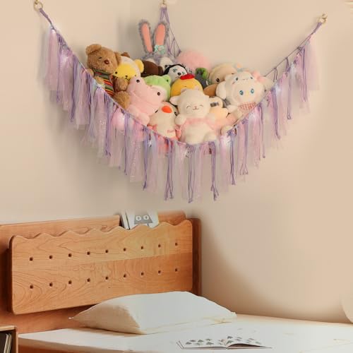Large Stuffed Animal Hammock with LED Lights - Handwoven Cotton Toy Organizer