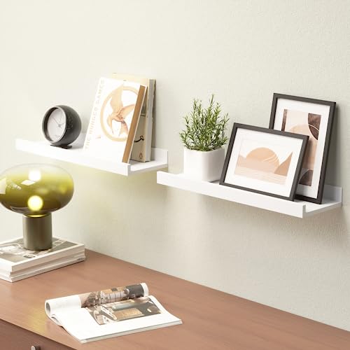 White Floating Wall Shelves with Lip Set of 2 - 16-Inch Display Ledge