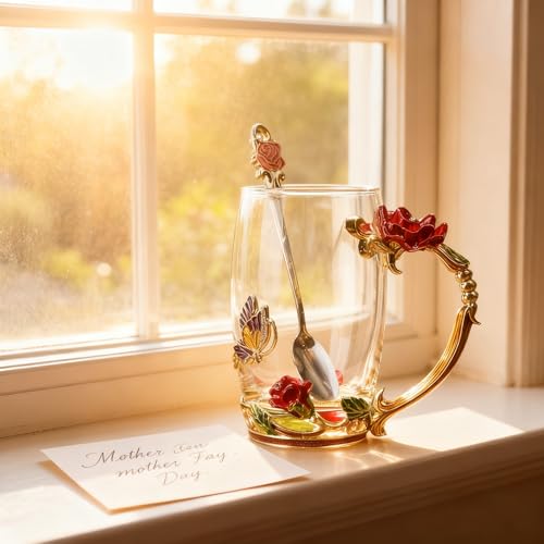 Guon-Wuvl 12 OZ Handicraft Crystal Glass Tea Mug with 3D Flower Butterfly Design and Gift Pack - Red Rose