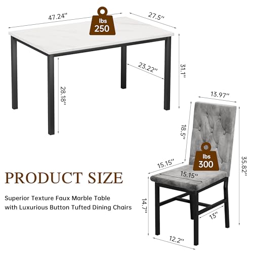 5-Piece Faux Marble Dining Table Set for 4 with Button Tufted Chairs