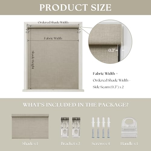 Cordless Blackout Roller Shades - 100% Linen, Free-Stop Design, 34" W x 72" H
