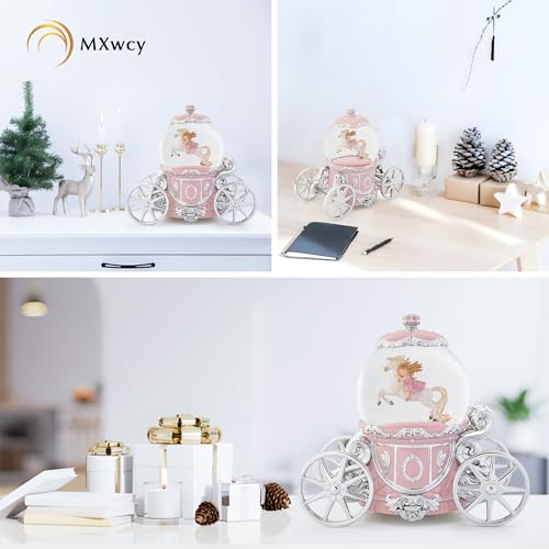 Unicorn Princess Carriage 7" Snow Globe Music Box - Pink LED Light Up Globe, La Vie en Rose