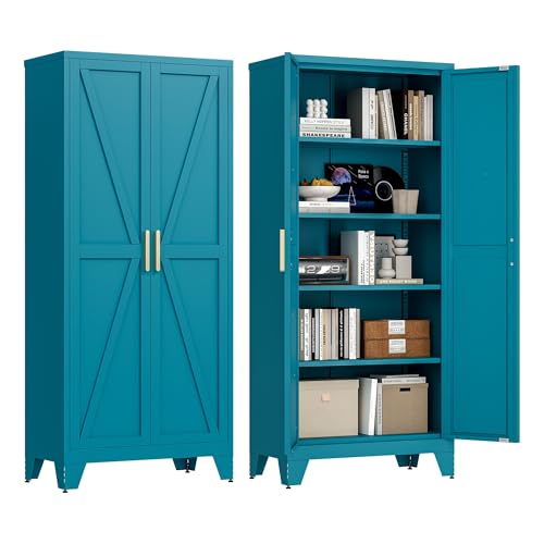 71-Inch Farmhouse Metal Storage Cabinet with Barn Doors and Adjustable Shelves