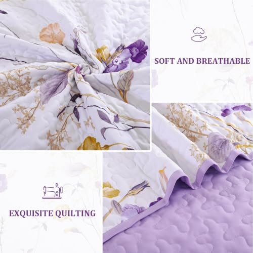 Light Purple Floral Quilt Set Queen - 3 Piece Reversible Bedspread with Shams