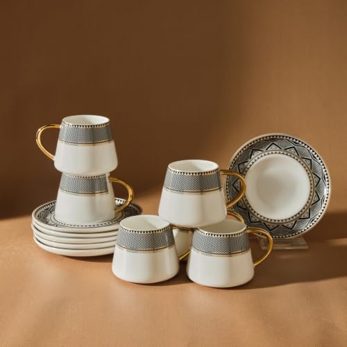 KARACA Globe Turkish Coffee Cup Set of 6 - 80ml Small Espresso Cups with Saucers, Gold Handles, Black Pattern, Porcelain, Ideal for Turkish, Greek & Arabic Coffee