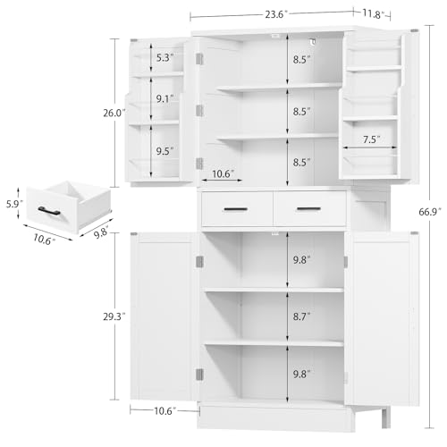 Tall Farmhouse Pantry Cabinet with Barn Doors, Adjustable Shelves & Drawer