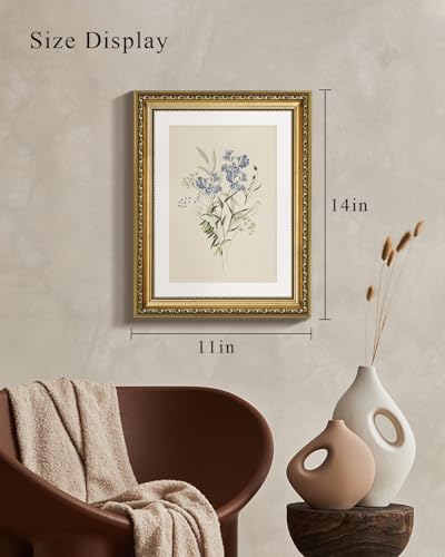 Vintage Blue Wildflower Botanical Wall Art, 11x14 Inch Gold Framed Canvas