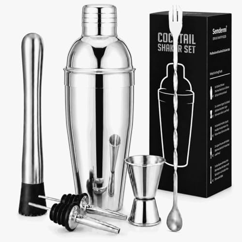 Semderm 6-Piece Stainless Steel Cocktail Shaker Set with Muddler, Jigger & Pourers