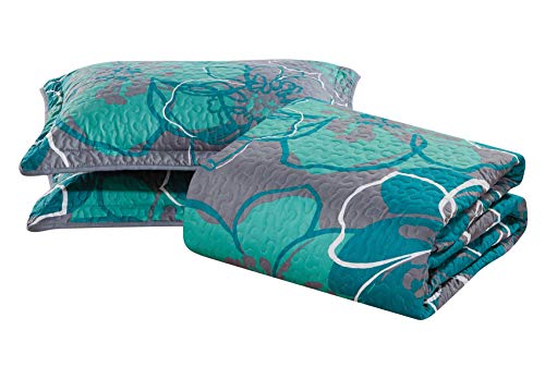 Oversized Floral Bedspread Quilt Set - Full/Queen Grey & Turquoise 3-Piece
