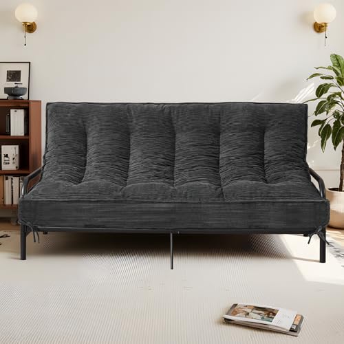 8-Inch Full Size Futon Mattress, Foldable Floor Sofa Bed in Grey Corduroy