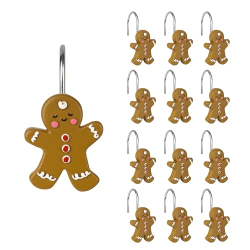 Sunlit Gingerbread Man Christmas Shower Curtain Hooks, Resin 12-Piece Set
