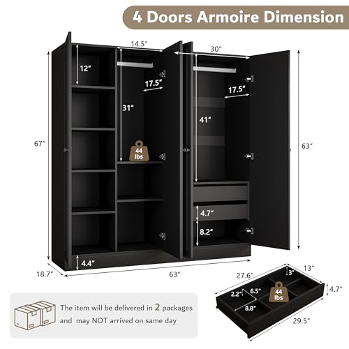 63-Inch Large 4-Door Wardrobe Closet with 2 Drawers and Adjustable Shelves