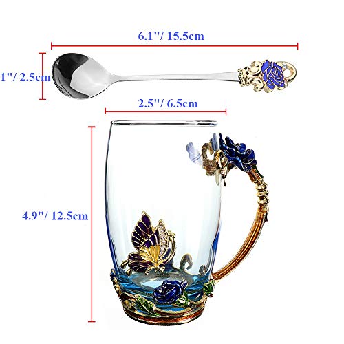 Kaiyuan Dynasty Blue Tall Enamel Glass Coffee Mug with Rose & Butterfly Design Set with Spoon