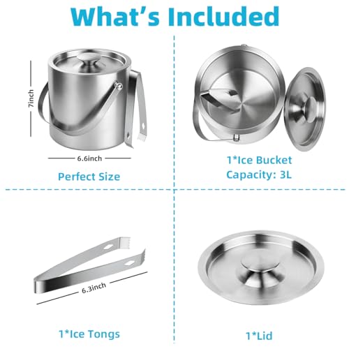 3L Double-Wall Stainless Steel Ice Bucket with Lid & Tongs for Parties