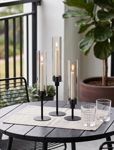 Sziqiqi Set of 6 Black Hurricane Candle Holders with Wax Catchers & Tiered Heights
