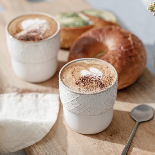 MIKIGEY Espresso Cups Set of 2 - 4oz Mini Coffee Mugs with Stripes & Checks, Dishwasher & Microwave Safe, Farmhouse Decor