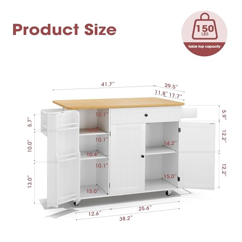Kitchen Island with Storage, Rolling Cart with Drop Leaf and Spice Rack