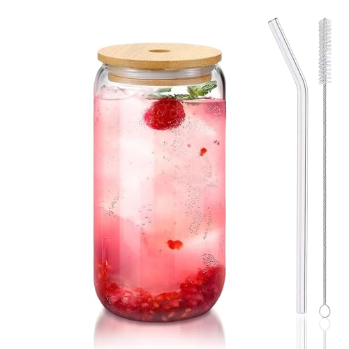 16 oz Glass Coffee Cup with Bamboo Lid and Straw, Reusable Iced Drink Tumbler