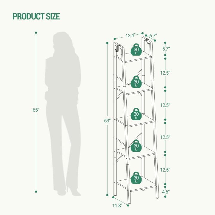5-Tier Industrial Ladder Shelf, Freestanding Corner Storage Bookcase