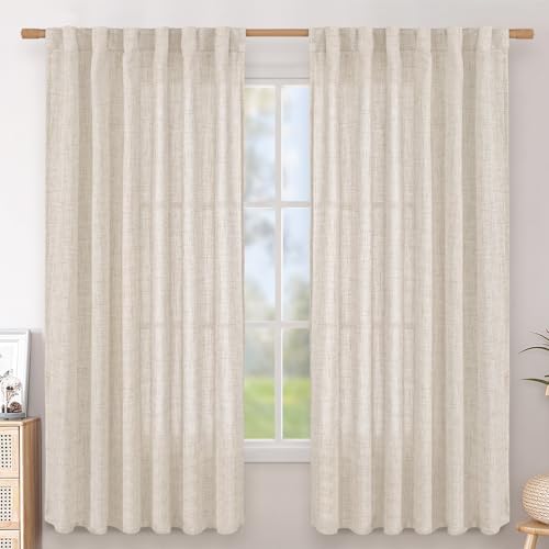 Semi-Sheer Linen Curtains Set of 2, 52 x 63 Inch, Light Filtering Drapes