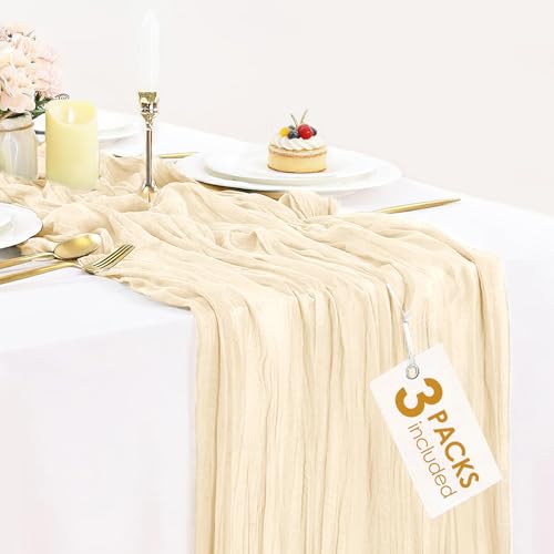 Bluetop 3-Pack Beige Cream Cheesecloth Table Runner 35x120in | Boho Wedding & Event Decor