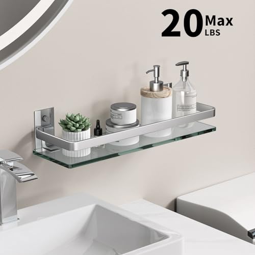 Wall-Mounted Tempered Glass Bathroom Shelf with Matte Silver Guardrail