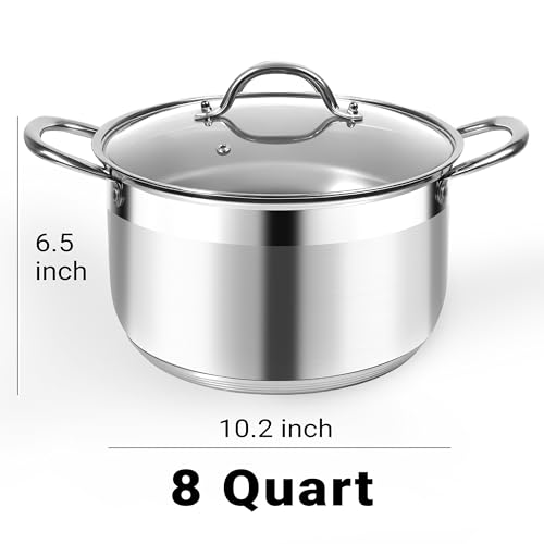 8-Quart Stainless Steel Stock Pot with Glass Lid - 5-Layer Induction Base