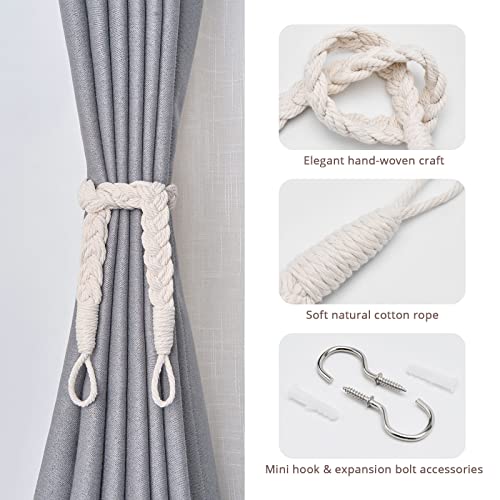 2 Pack Natural Cotton Rope Curtain Tiebacks, Boho Hand-Woven Drape Holdbacks