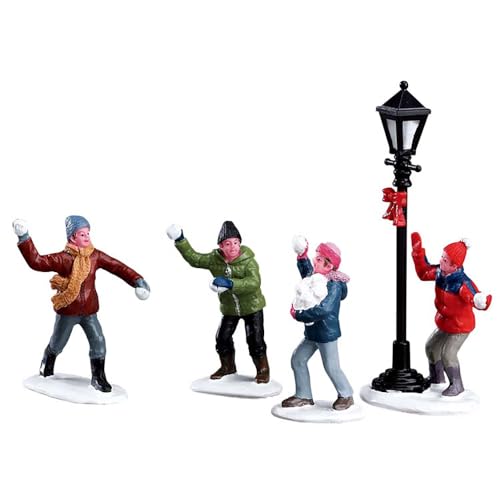 Christmas Village Snowball Fight Figurine Set - 4-Piece Tabletop Decor