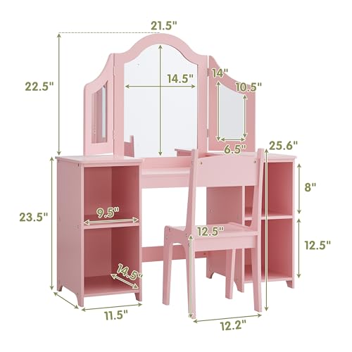 Kids Vanity Set with Tri-Fold Mirror & Storage - Princess Makeup Desk for Girls 3-9, Pink with Chair