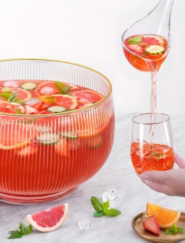 2.5 Gallon Ribbed Glass Punch Bowl Set with Gold Rim and Serving Ladle