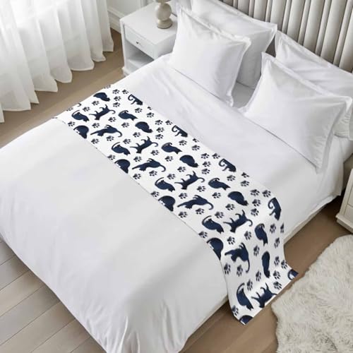Navy Blue Cat Paw Bed Runner Scarf for Full Size Bed Foot (83"x20")