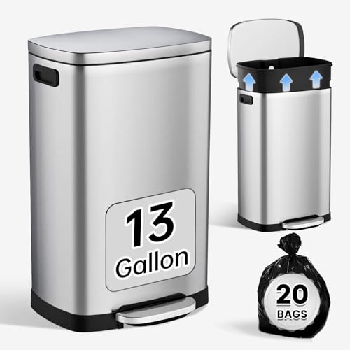 13 Gallon Stainless Steel Kitchen Trash Can with Soft Close Lid and Pedal