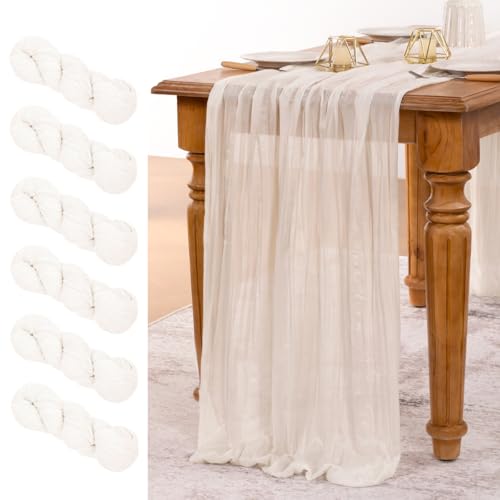Ivory White 13ft Boho Cheesecloth Table Runner 6 Pack - Rustic Elegant Decor