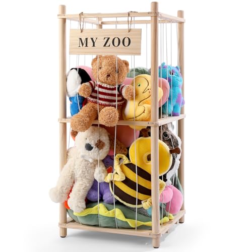 Wooden Stuffed Animal Storage Zoo with Elastic Cords, Small Toy Organizer