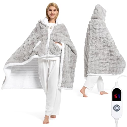 Wearable Heated Blanket Hoodie with Pockets, Faux Fur Electric Throw