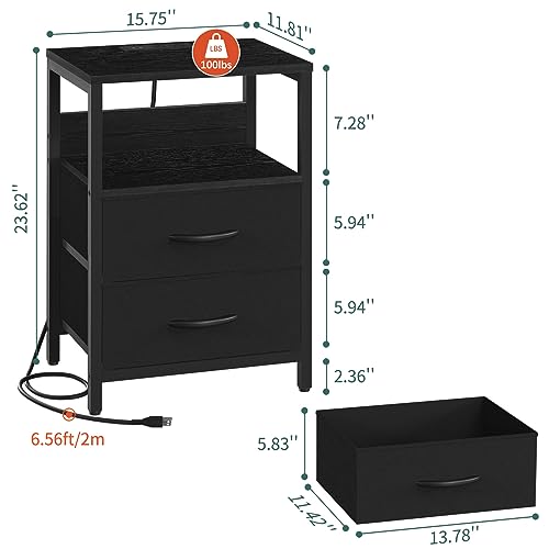 LED Nightstand with Charging Station, 2 Fabric Drawers & Storage Shelf