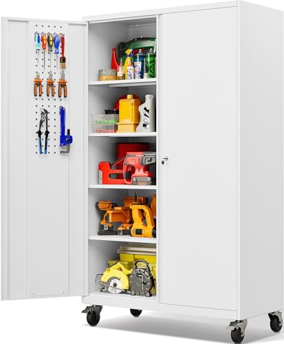 Tall Rolling Metal Storage Cabinet with Lock & Pegboard, 71" Garage Locker
