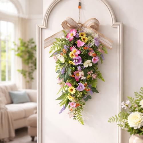 Artificial Floral Teardrop Swag with LED Lights for Front Door Decor