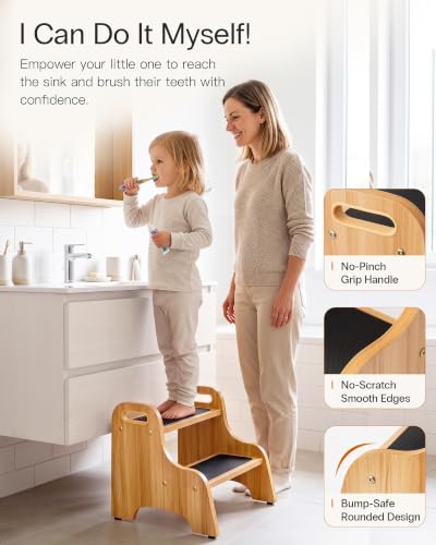 Wooden 2-Step Stool for Toddlers, Non-Slip Kitchen and Bathroom Stool