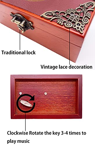 Engraved Wooden Wind-Up Musical Jewelry Box with Mirror - 18 Note Movement
