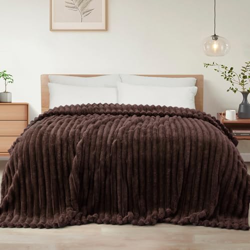 Exclusivo Mezcla Queen Size Striped Fleece Blanket - Coffee 90x90 in, Soft Cozy Bed Throw