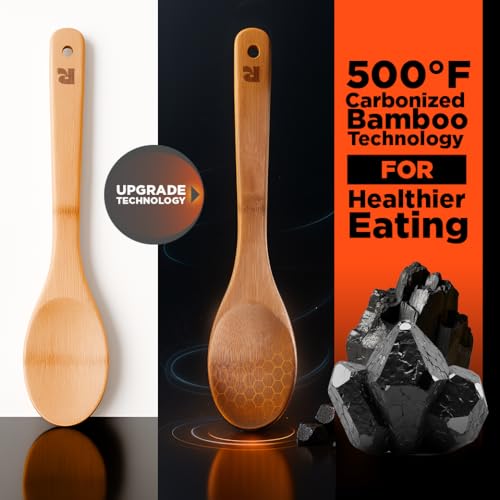 Dark Bamboo Wooden Cooking Spoons & Spatula Set, 6-Piece Nonstick Utensil Set