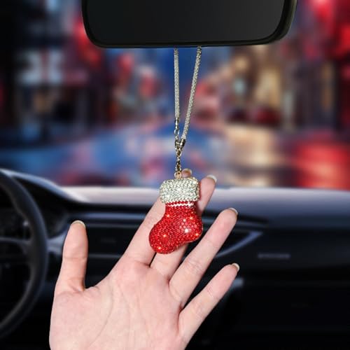 Christmas Sock Car Pendant with Crystal Rhinestones – Violetfox Xmas Tree Decor for Rear View Mirror