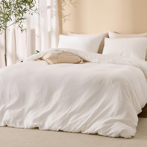Off-White Queen Duvet Cover Set - 100% Sandwashed Cotton 3-Piece Bedding