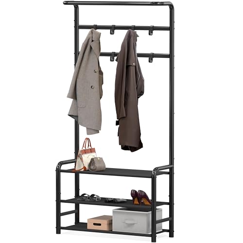 Standing Hall Tree with Hanging Rod, 8 Hooks, and Storage Shelves, Black Metal