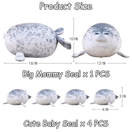 Chubby Seal Plush Family Set with 4 Removable Baby Seals